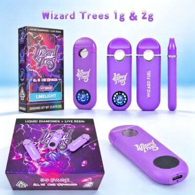 Complete family of Wizard Trees empty vape disposable hardware and packaging including 1g, 2g, and 50-pack display options.