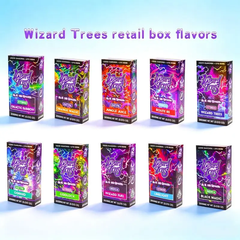 Ten individual Wizard Trees empty vape 2g disposable retail packaging boxes arranged neatly for wholesale brands.