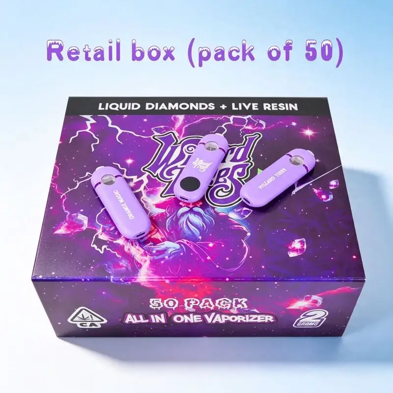 Wizard Trees empty vape 2g retail box featuring a 50 pack wholesale display for volume distributors.