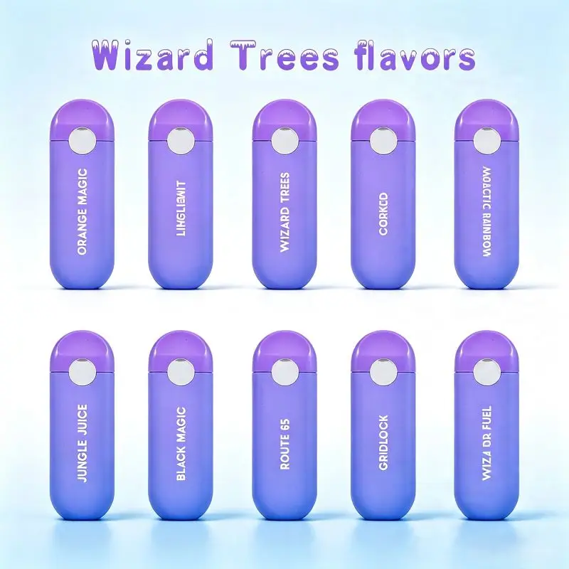 Full lineup of Wizard Trees empty vape hardware flavors showcasing ten different branded disposable options.