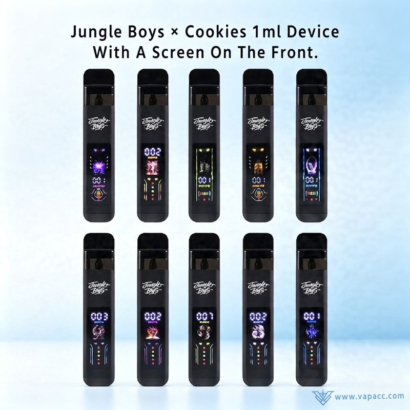 Front view of 10 Jungle Boys x Cookies 1ml empty disposable vape devices showing different smart screen graphics.