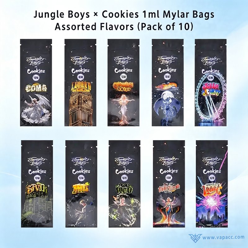 Jungle Boys x Cookies 1ml childproof mylar bags in 10 assorted strain flavors pack of 10.