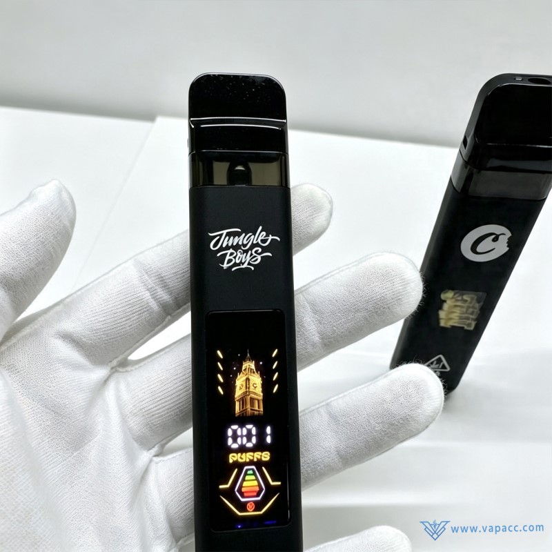 Close up of the smart LED screen on the Jungle Boys x Cookies empty disposable vape hardware showing puff counter.