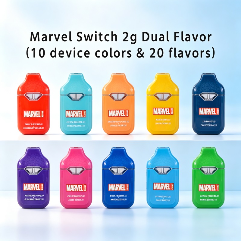 Lineup of 10 different colors for Marvel Switch 2g empty dual flavor vape devices