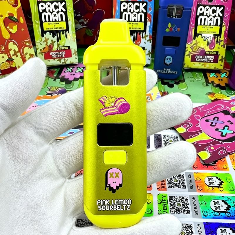 Pack Man empty disposable vape with custom retail packaging for live resin.