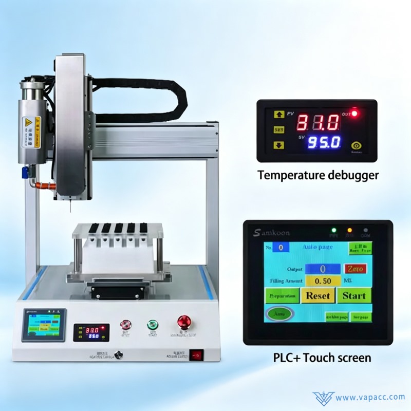 PLC touch screen interface and digital temperature debugger on single head automatic vape filling machine