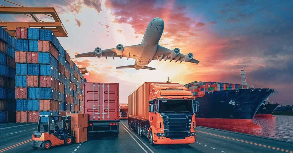 Cargo plane, trucks, and container ship representing global empty vape hardware delivery options.