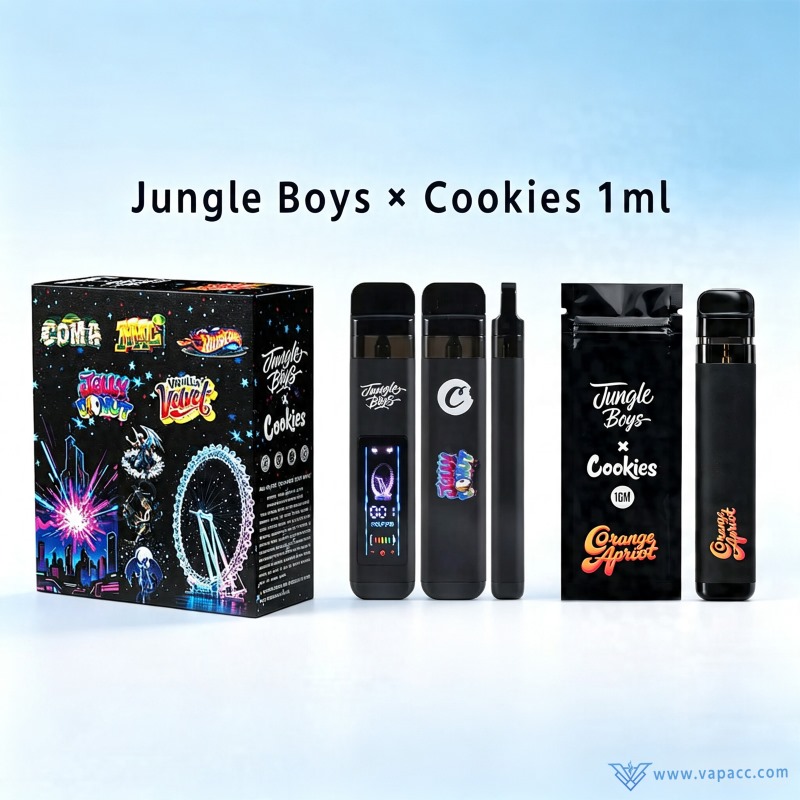 Vapacc Jungle Boys x Cookies 1ml empty disposable vape pen hardware with smart screen and packaging retail box.