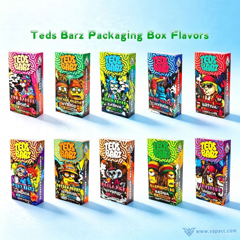 Vapacc Teds Barz empty vape custom retail packaging boxes for various strain flavors