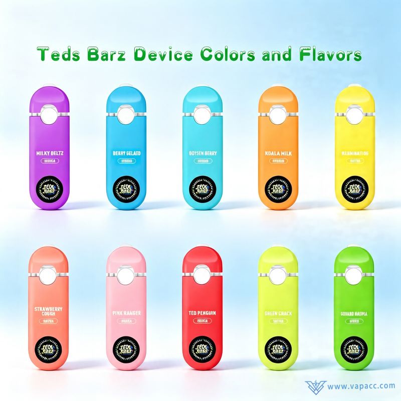 Vapacc Teds Barz empty vape devices showing multiple colors and strain flavors