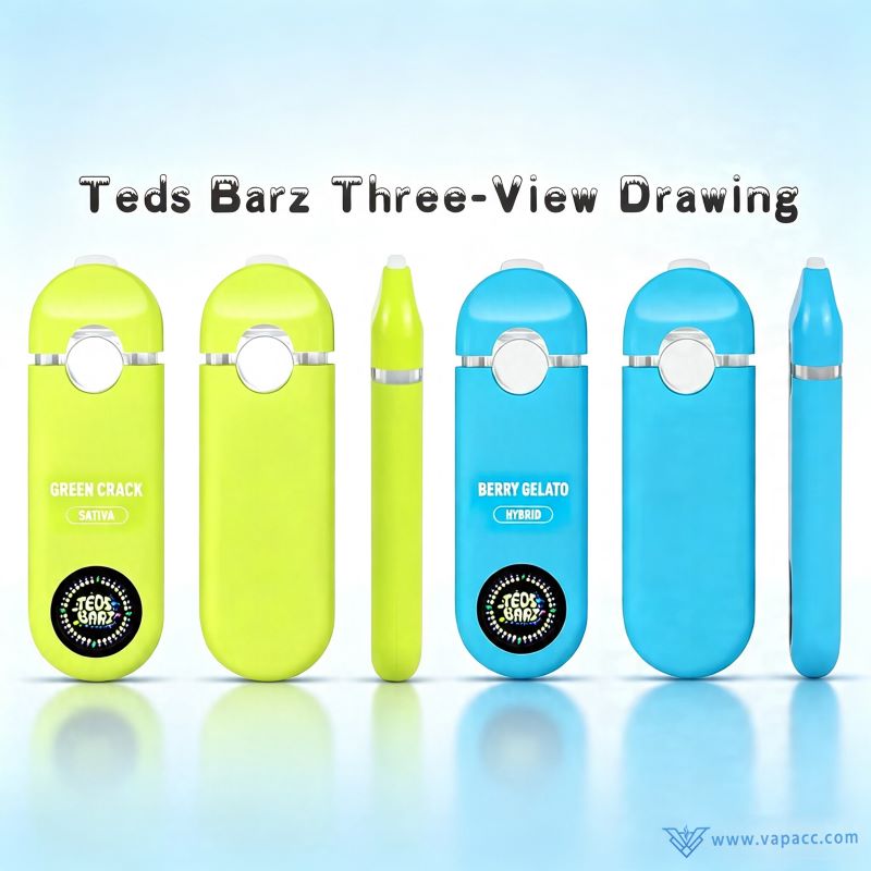 Vapacc Teds Barz empty vape three-view drawing showing front back and side profiles