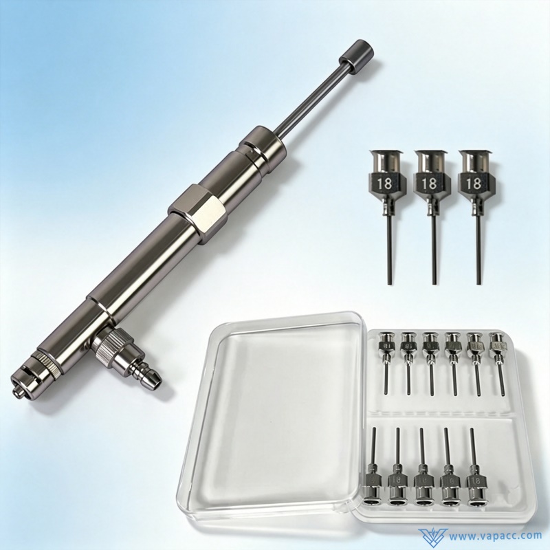 Stainless steel injection piston pump and interchangeable filling needles for vape oil machine