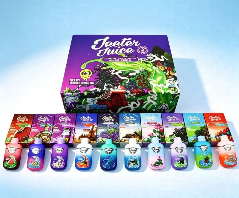 Wholesale empty vape pens displayed in a row with colorful custom retail packaging boxes