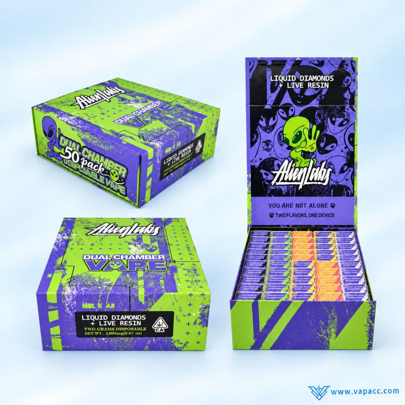 Master display packaging box filled with 50 packs of Alien Labs Dual Chamber 2g empty vape pens