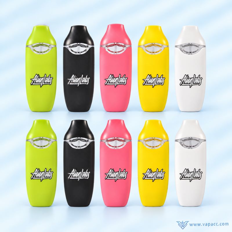 Front view lineup of colorful Alien Labs Dual Flavor empty disposable vape pens showing front logo and oil window