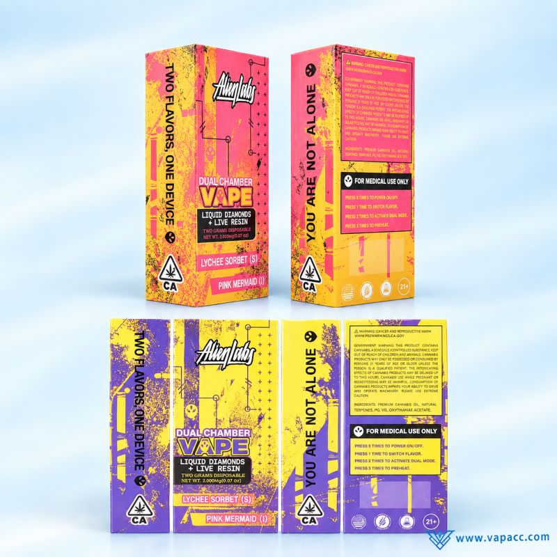 Front and back design details of single packaging boxes for Alien Labs Dual Chamber 2g empty vape pens