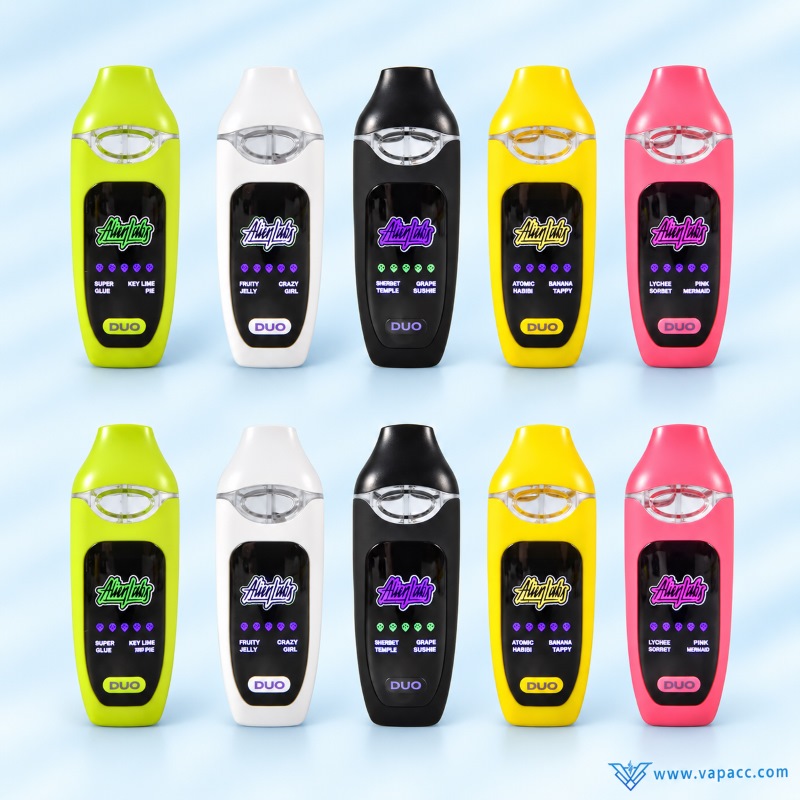 Back view of Alien Labs Dual Flavor empty vape devices in various colors displaying dual strain names on digital screen