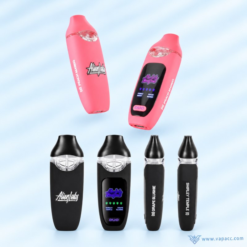 Black and pink Alien Labs Dual Chamber empty vape pens showcasing front brand logo and rear digital display screen