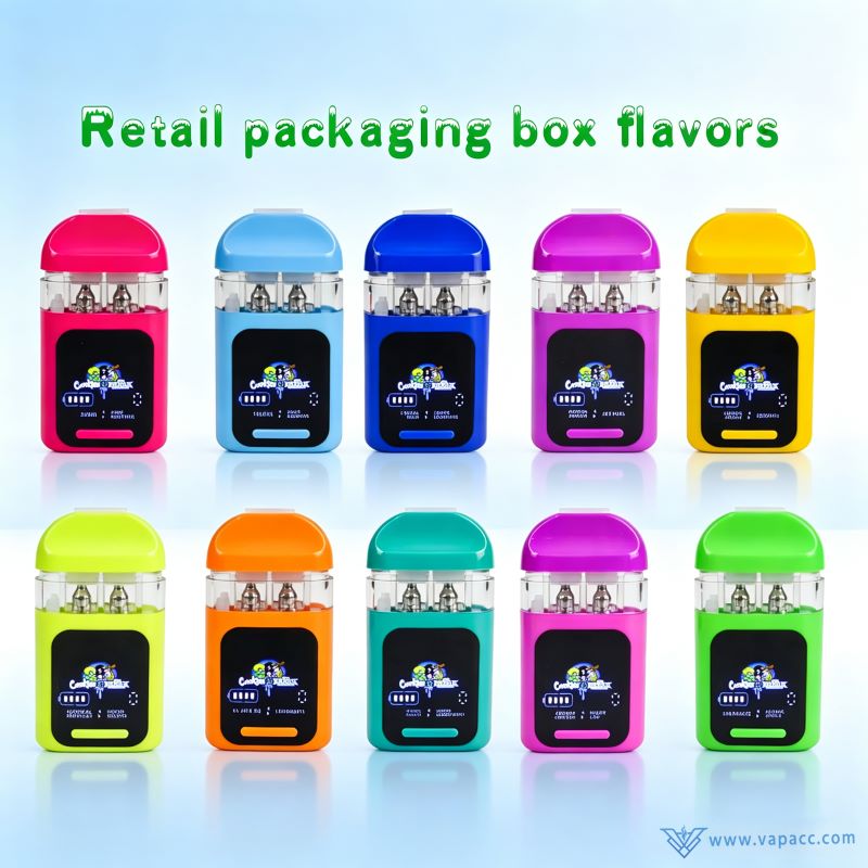 Multiple vibrant device colors of Cookies x Freak Brothers V3 dual flavor 1g 2g empty disposable vapes with oil chambers visible.