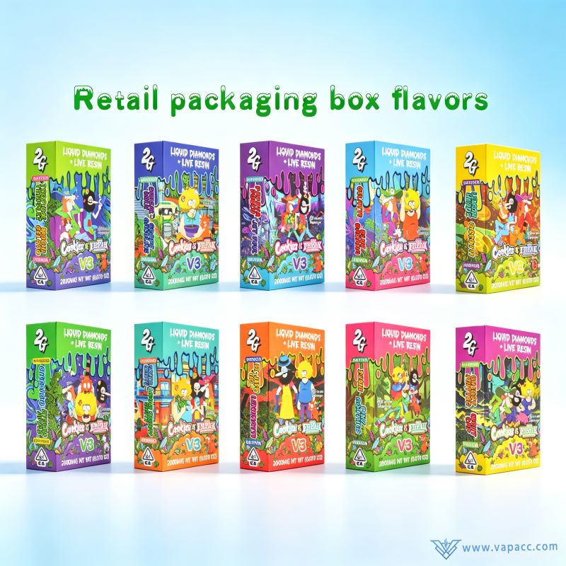 Retail packaging boxes for Cookies x Freak Brothers V3 dual flavor 1g 2g disposable vapes showing various cartoon character flavors.