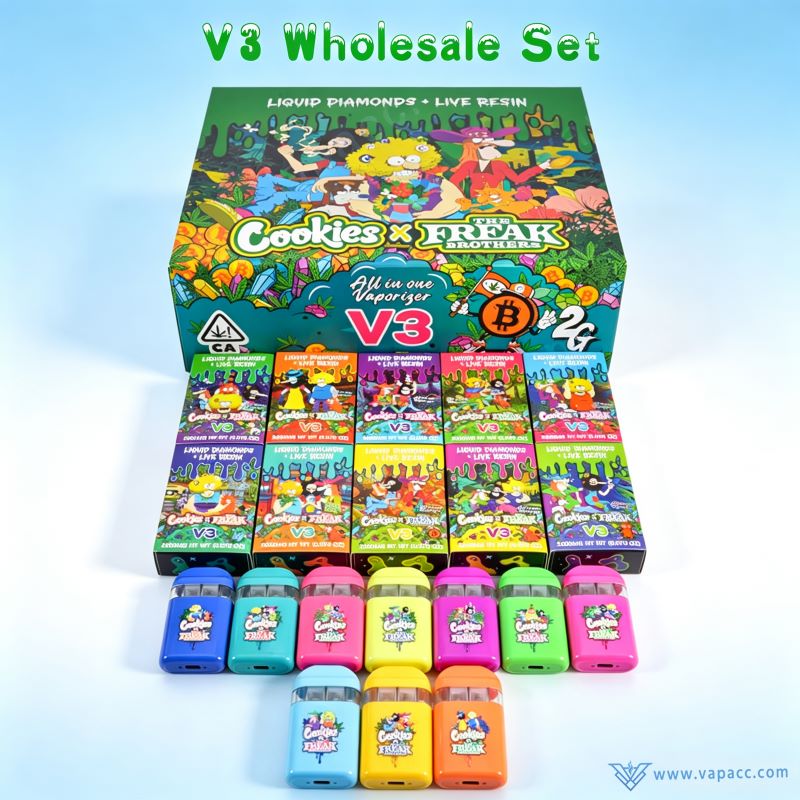 Cookies x Freak Brothers V3 wholesale set featuring large cartoon display box, retail boxes, and disposable vape pens 2g.