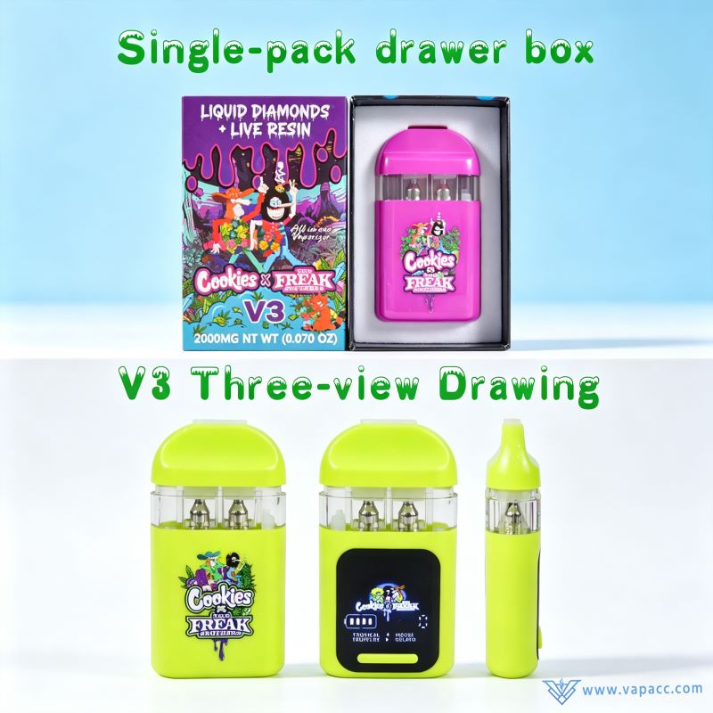 Single-pack drawer box and three-view drawing (front, back, side) of a lime-green Cookies x Freak Brothers V3 dual flavor vape 2g.