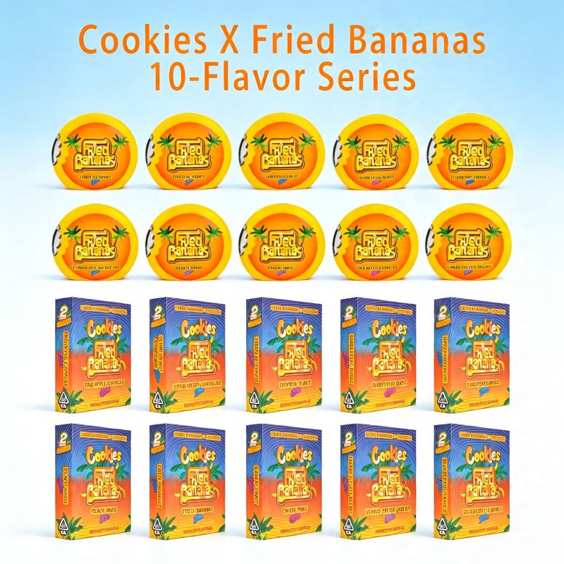 10 flavor series of Cookies Fried Bananas empty vape pens paired with matching single retail packaging.