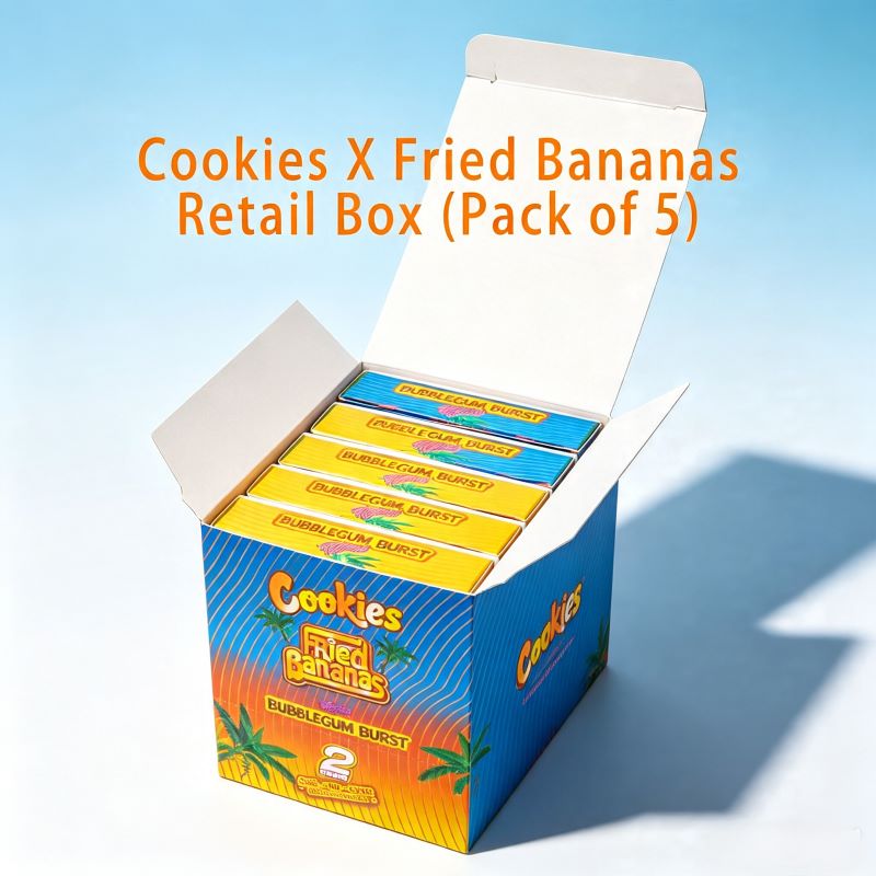 Open retail box containing a pack of 5 Cookies Fried Bananas empty vape devices.