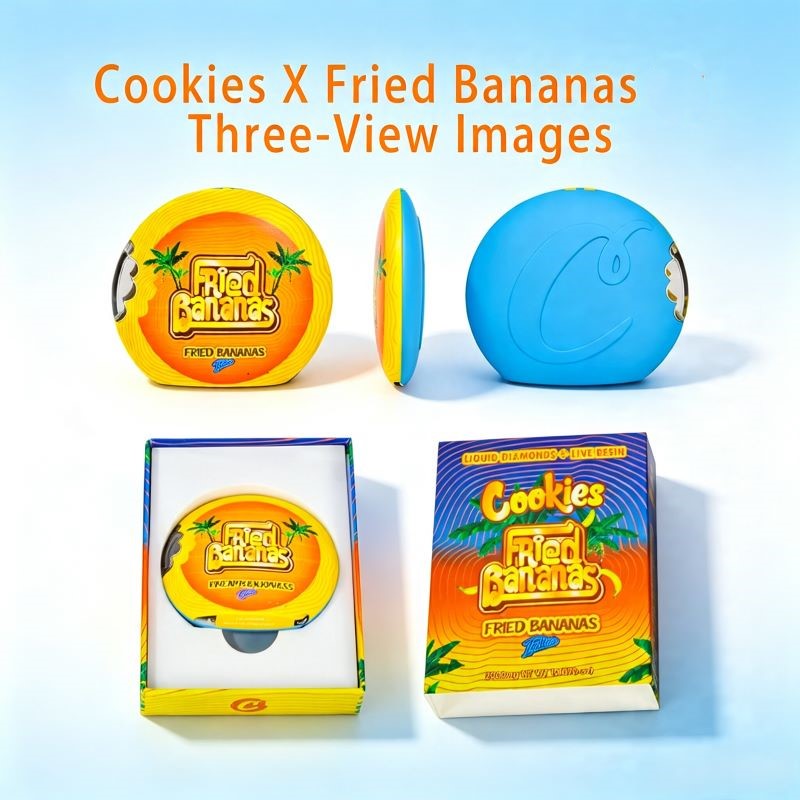Three-view angles and inner tray packaging of Cookies Fried Bananas empty disposable vape device.