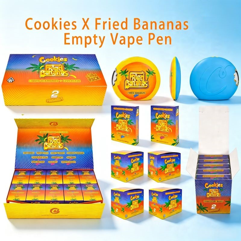 Complete wholesale set of Cookies Fried Bananas empty vape pens 1g/2g with custom retail packaging boxes.