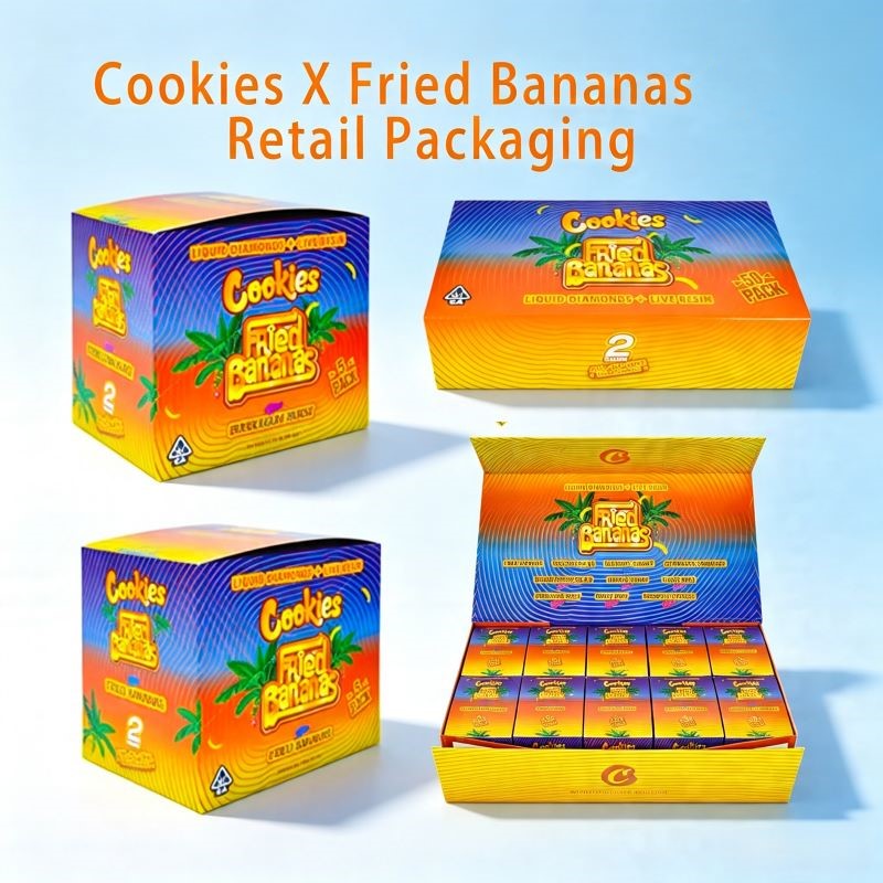 Outer retail packaging and 50-pack master display boxes for Cookies Fried Bananas empty vape hardware.