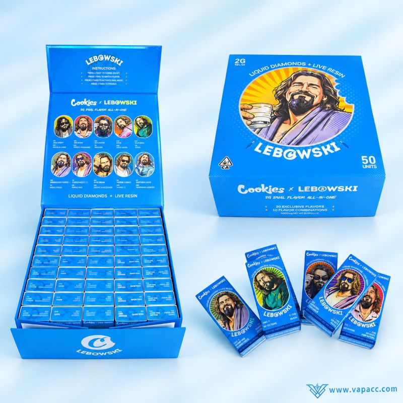 Cookies x Lebowski 2g dual-flavor empty vape display box and 50-pack retail box.