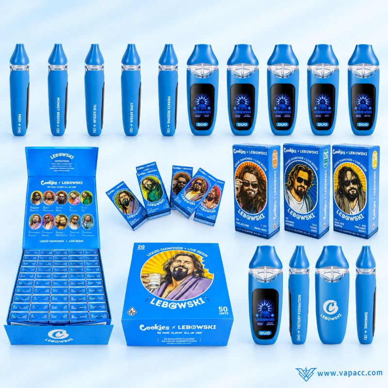 Cookies x Lebowski 2g Dual flavor empty vape wholesale full set with display box and individual packaging.