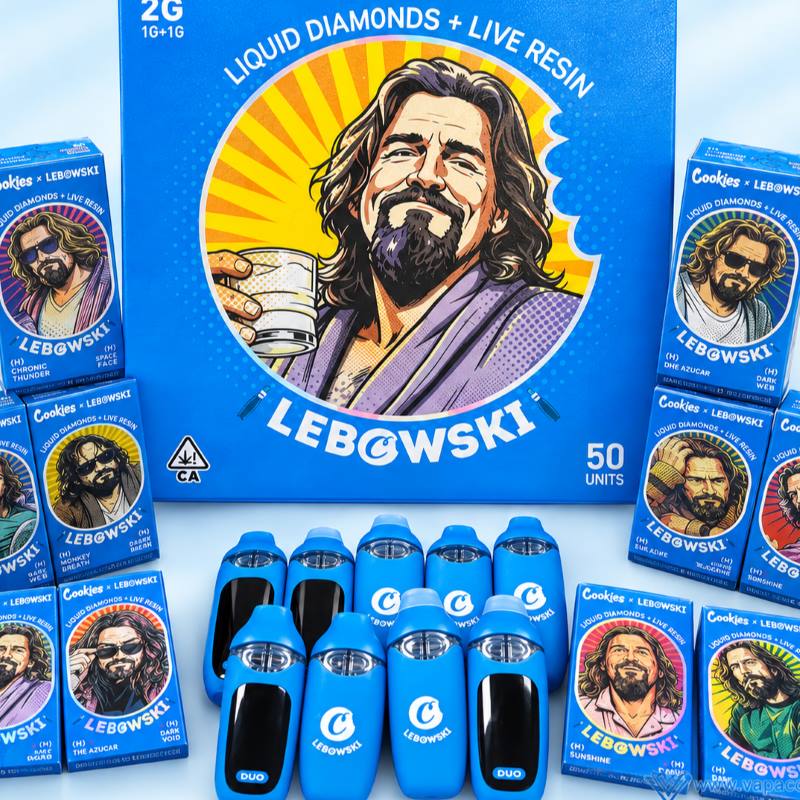 Cookies x Lebowski 2g Dual flavor empty vape 50-unit master box with devices and packaging.