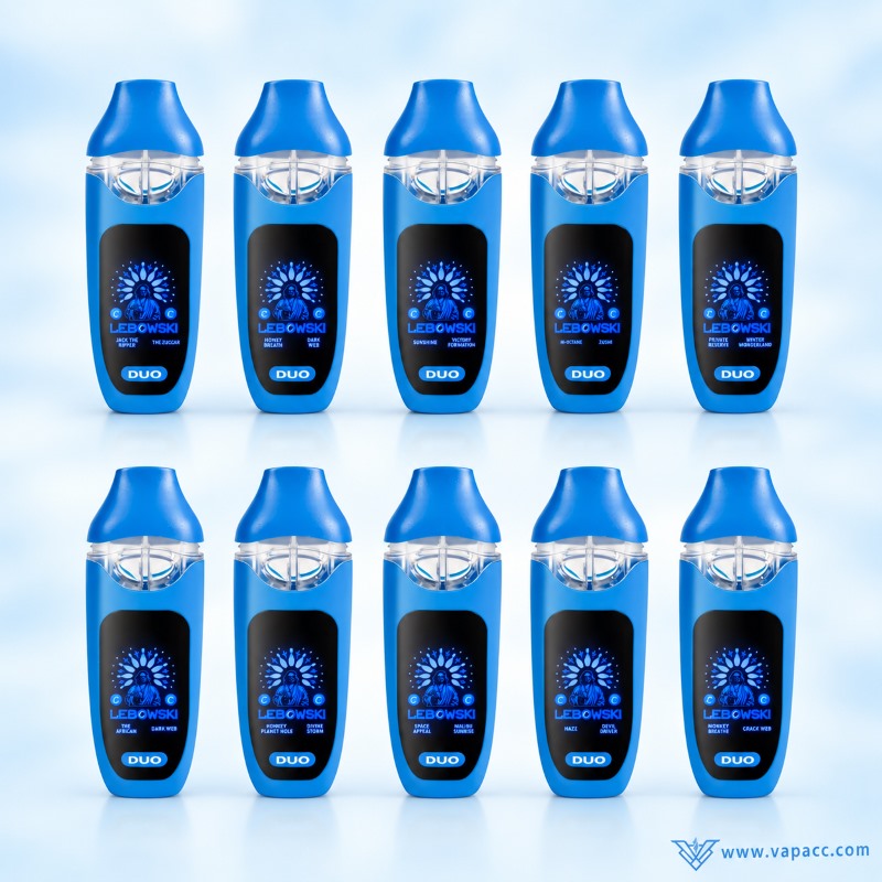 Cookies x Lebowski 2g Dual flavor empty vape devices with illuminated screen display.
