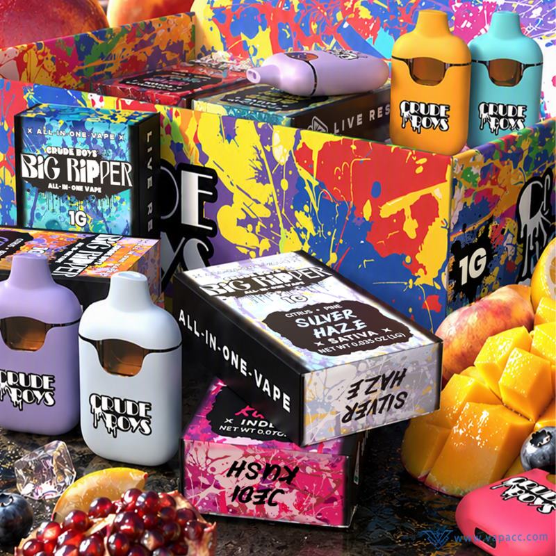 Crude Boys Big Ripper 1g 2g empty vape devices with strain packaging and display box
