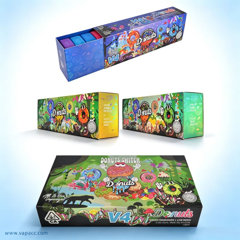 Donuts V4 Switch 2g Dual 5-pack display boxes and 50-unit wholesale master case packaging.