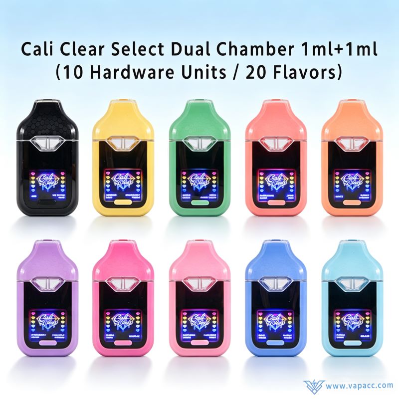 10 Empty Cali Clear 2g dual chamber vape wholesale hardware units representing 20 strain flavor combinations.