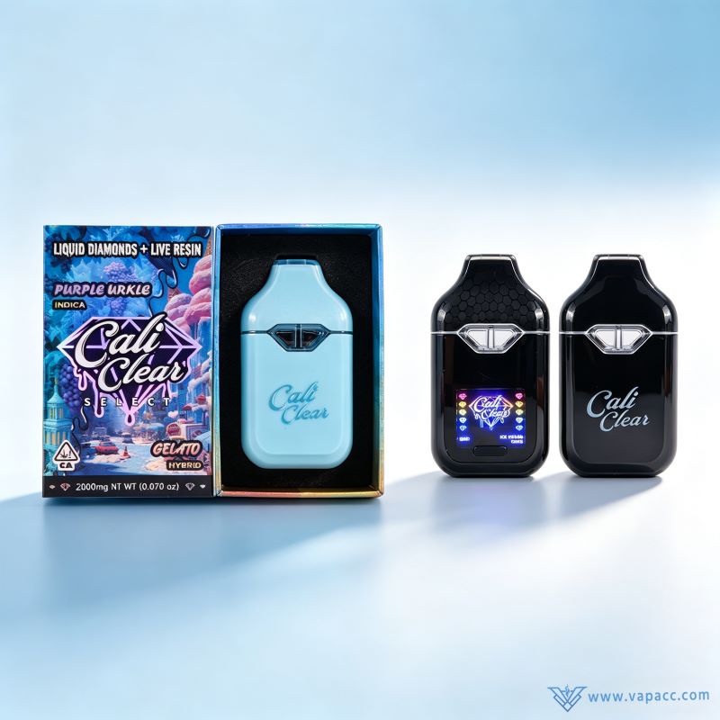 Purple Urkle x Gelato single unit box with light blue and black Empty Cali Clear 2g dual chamber vape hardware.