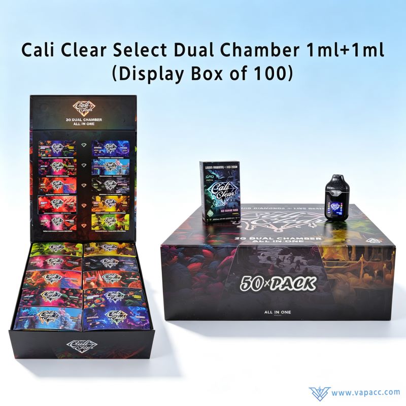 Opened counter display box and 50-pack master case for Empty Cali Clear 2g dual chamber vape wholesale packaging.