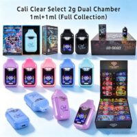 Empty Cali Clear 2g dual chamber vape wholesale full collection kit including master display boxes, individual packaging, and multi-color dual-tank devices.
