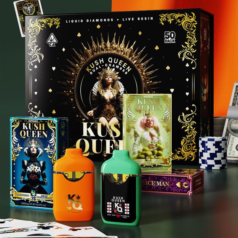 Empty kush queen 2g dual chamber vape device with colorful strain packaging boxes