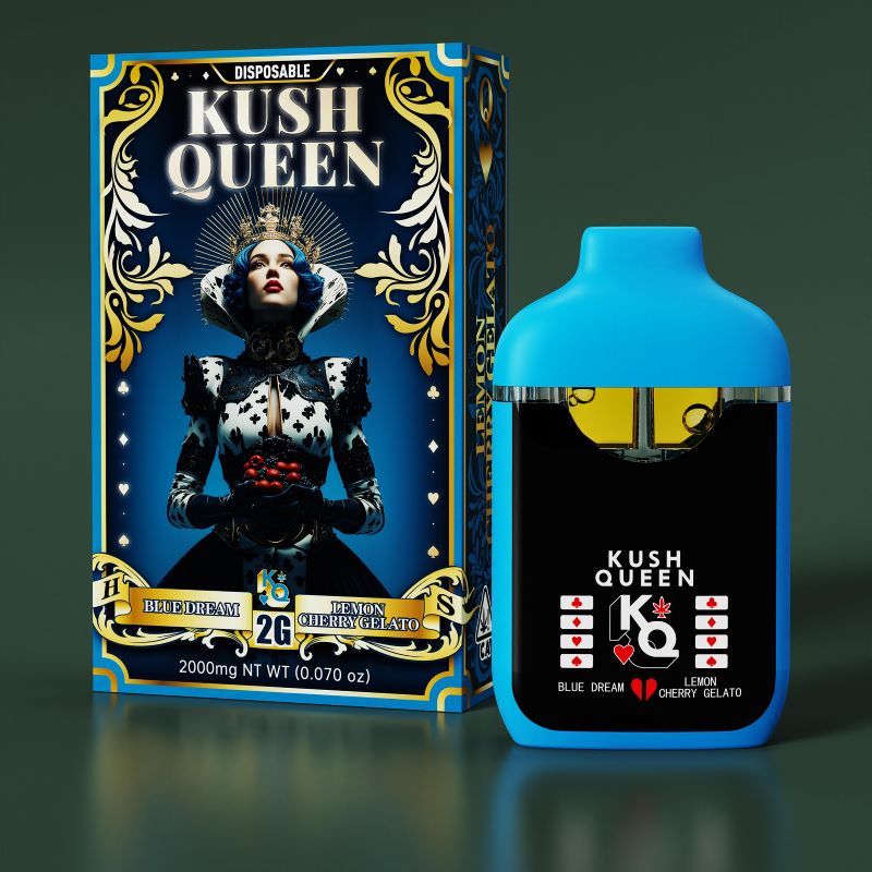 blue kush queen 2g empty vape device with blue dream and lemon cherry gelato box