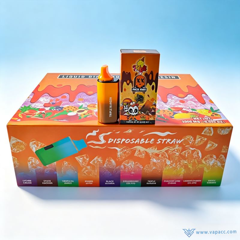Single unit Triple Burger strain box with matching Empty Melt x PackMan 1ml disposable vape device on master case.