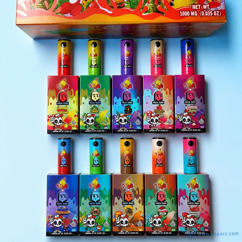 Empty Melt x PackMan 2g disposable vape pen wholesale devices aligned with matching single strain packaging boxes.