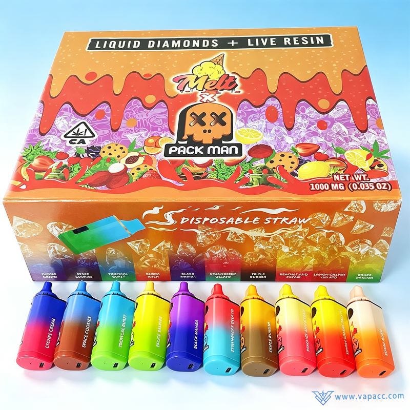 Empty Melt x PackMan disposable vape pen 1g 2g wholesale complete kit with 10 colorful devices and master display box.