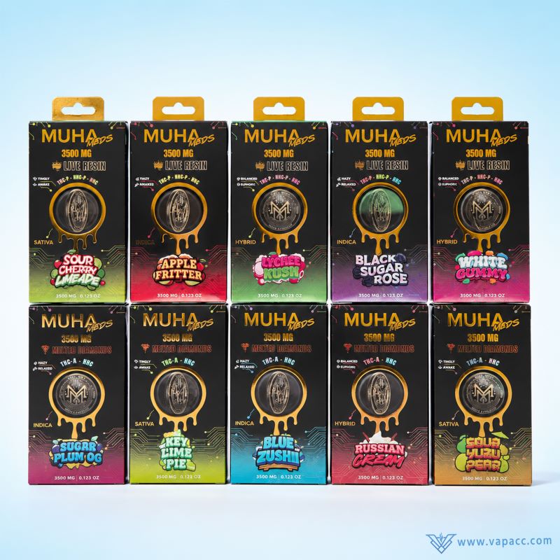 Empty Muha Meds 3.5g disposable vape packaging boxes in various strain flavors