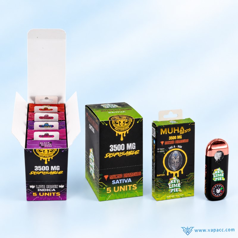 Empty Muha Meds 3.5g disposable vape hardware with single unit and 5 pack boxes