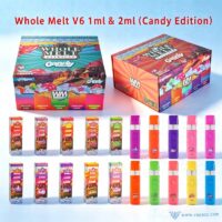 Empty Whole Melt V6 Candy Edition 1g & 2g disposable vape master display boxes, individual packaging boxes, and colorful vape devices layout.