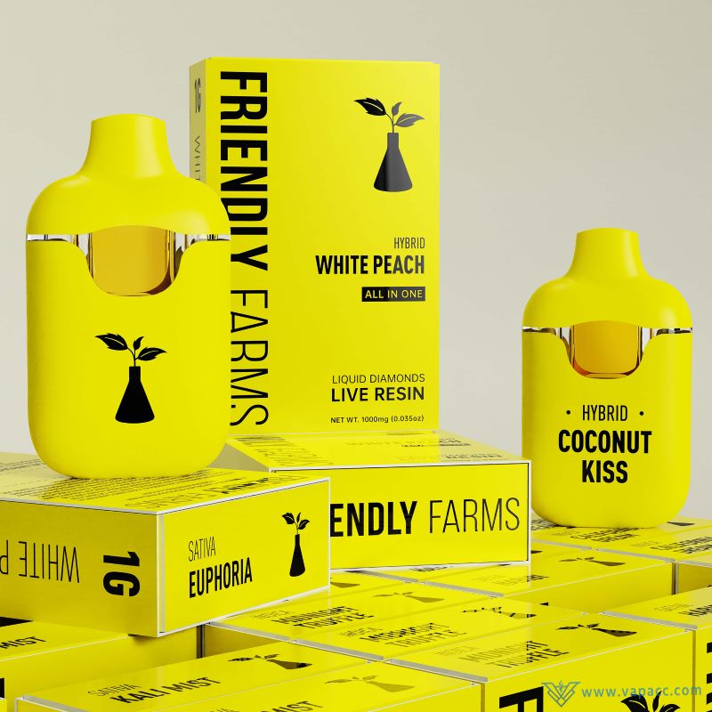 Friendly Farms 2g empty vape pens displayed with Habibi strain packaging box.